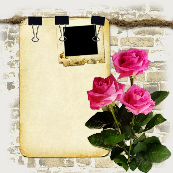 Grunge paper on old rope with roses — Stock Photo, Image
