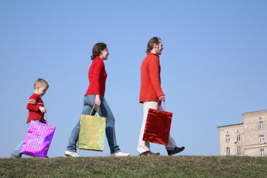 Family with big bags on meadow clipart