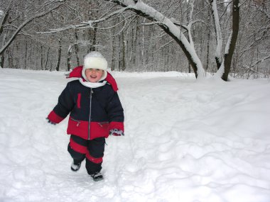 Run boy in winter wood clipart