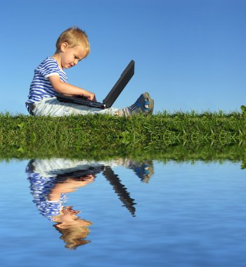 Child with notebook sit blue sky and water clipart