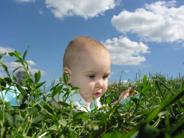 Μωρό στο χορτάρι και ουρανό — Φωτογραφία Αρχείου