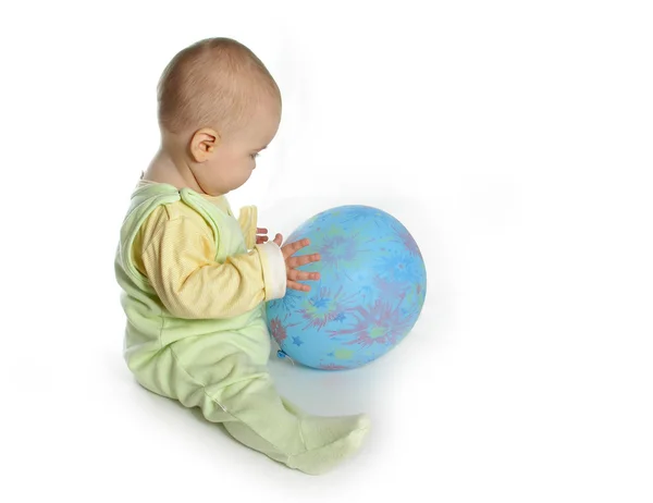 Baby with balloon on white — Stock Photo, Image