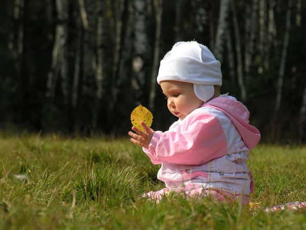 Dítě s podzimní listí — Stock fotografie