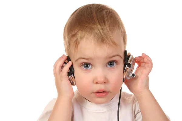 Baby med hörlurar — Stockfoto
