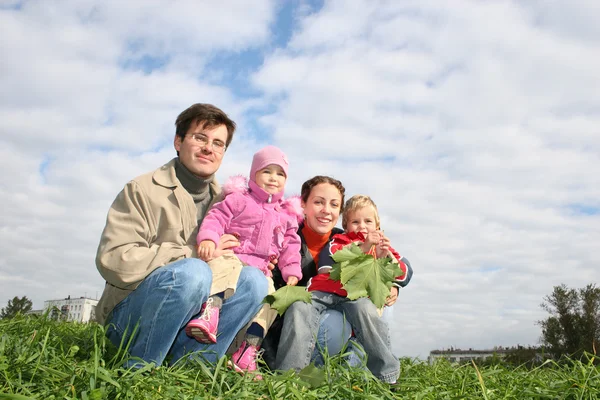 Family of four sit. clouds. grass — Stock Photo, Image