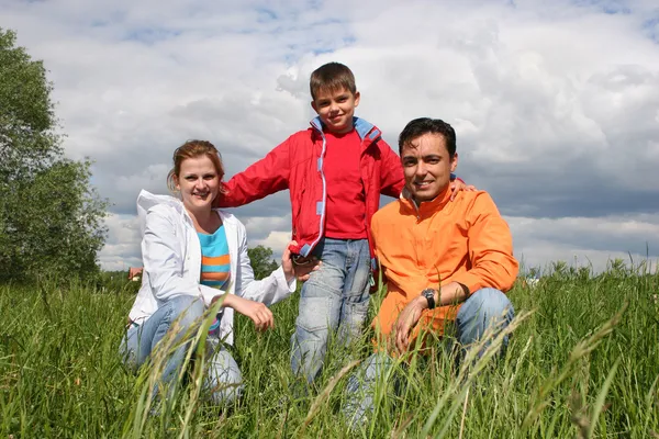 Счастливая семья сидит в траве — стоковое фото