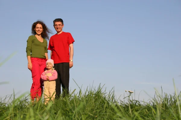 Rodzina z dzieckiem stoją na trawie — Zdjęcie stockowe