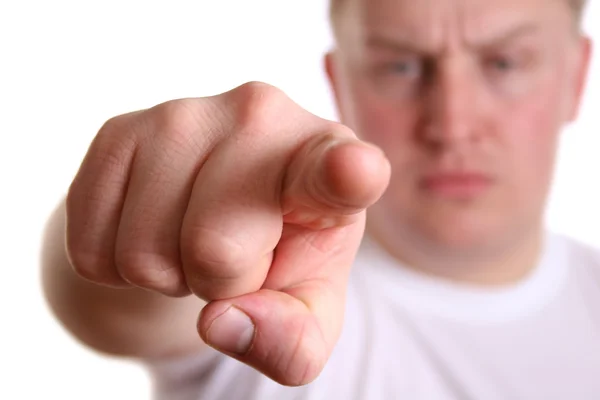Menino zangado com o dedo para você — Fotografia de Stock