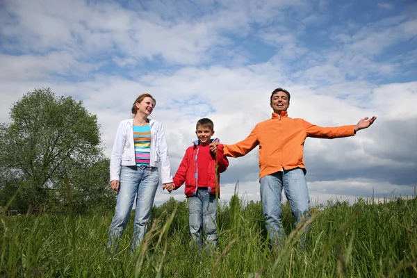 Glad familj står i gräs — Stockfoto