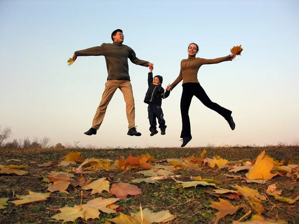 Voar família feliz com folhas de outono — Fotografia de Stock
