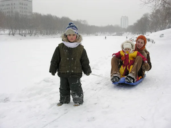 Mutter mit Kindern. Schlitten. Winter — Stockfoto