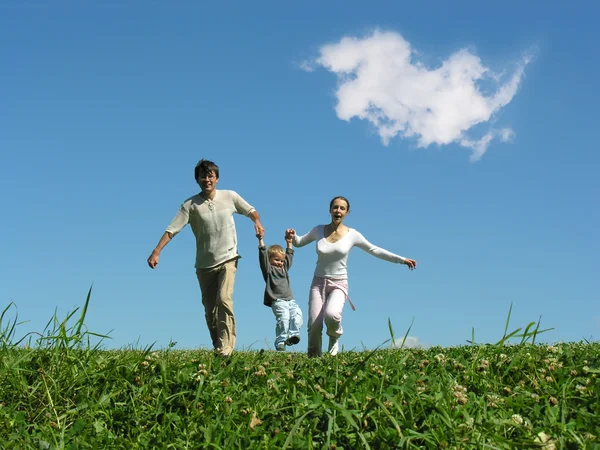 Famiglia su erba sotto cielo blu — Foto Stock