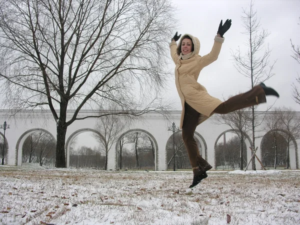 Winter jump girl — Stock Photo, Image