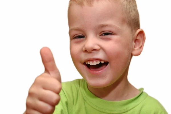 Sorriso menino com dedo para cima — Fotografia de Stock