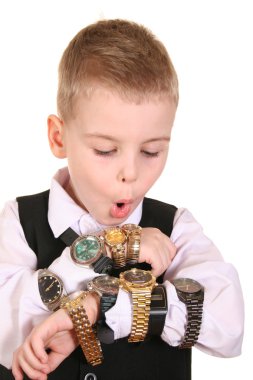 Boy with many clocks clipart