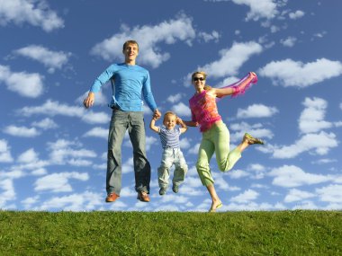 Fly happy family on blue sky with clouds clipart