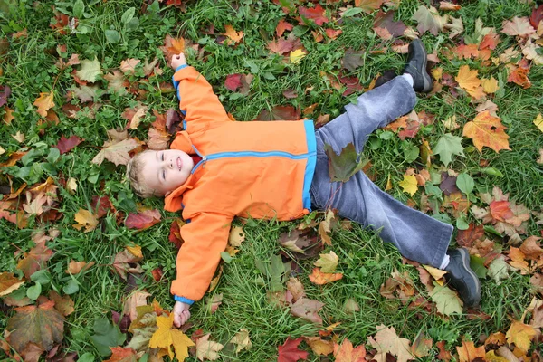 Осенний ребенок лежит как звезда — стоковое фото