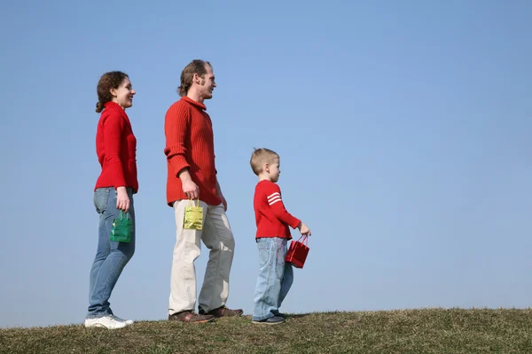 Family with small bags on meadow — Stock Photo, Image