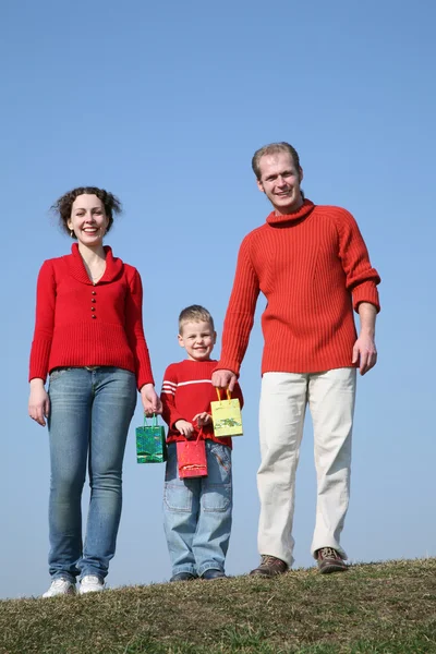 Family with bags on meadow — Stock Photo, Image