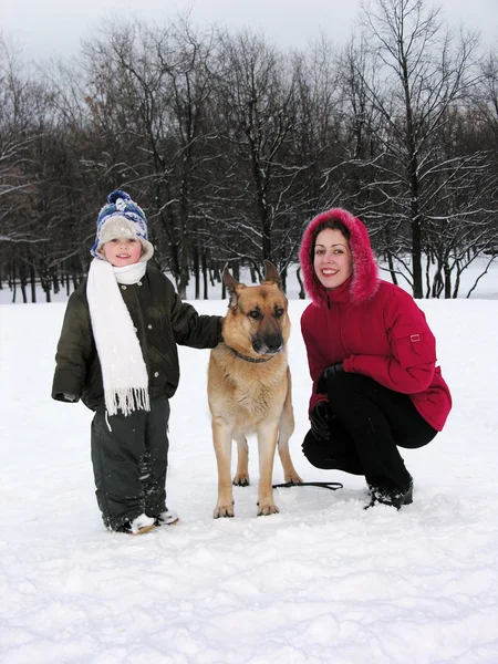 Familj med hund. vinter — Stockfoto