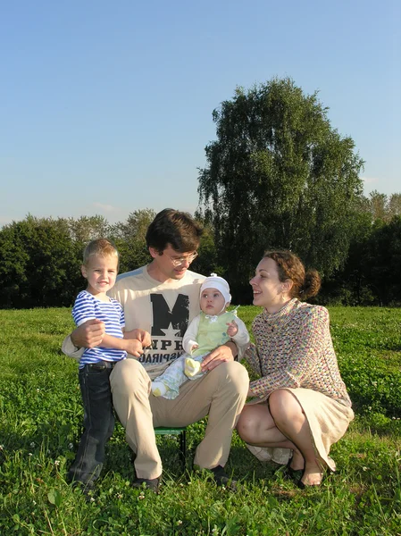 Família de quatro na grama madeira céu azul sem nuvens sentar sorriso — Fotografia de Stock