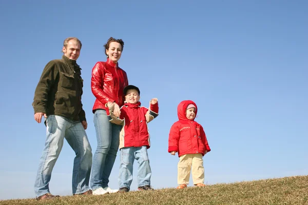 Family of four on spring meadow 2 — Stock Photo, Image