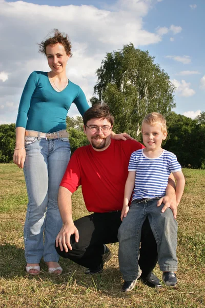 Família com filho stand no prado 2 — Fotografia de Stock