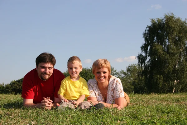 Família encontra-se na grama — Fotografia de Stock