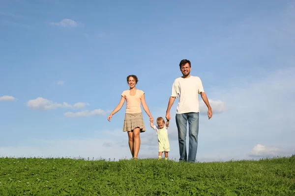 Семья с ребенком ходить по траве — стоковое фото