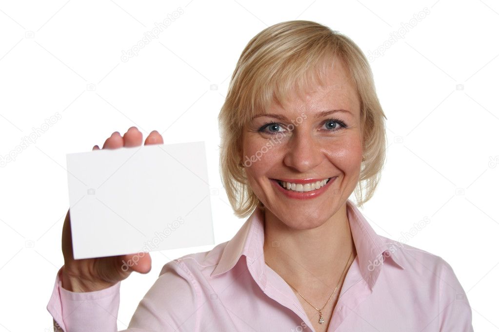 Pretty woman with card for text