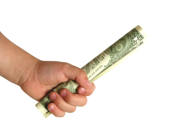 Boy's hand met eerste dollar — Stockfoto