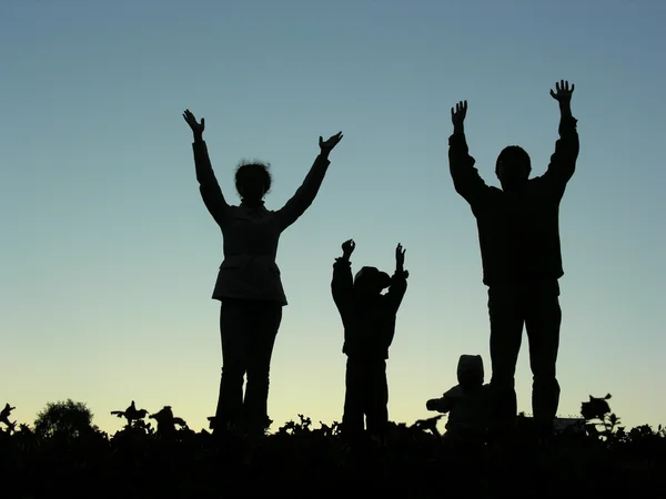 Mãos da família para cima por do sol — Fotografia de Stock