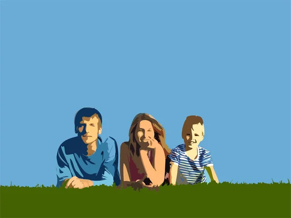 Familie op kruid onder de blauwe hemel — Stockfoto