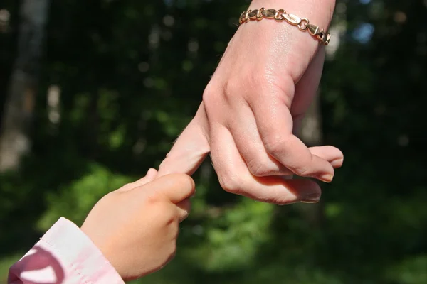 As mãos da mãe e do bebê no parque — Fotografia de Stock