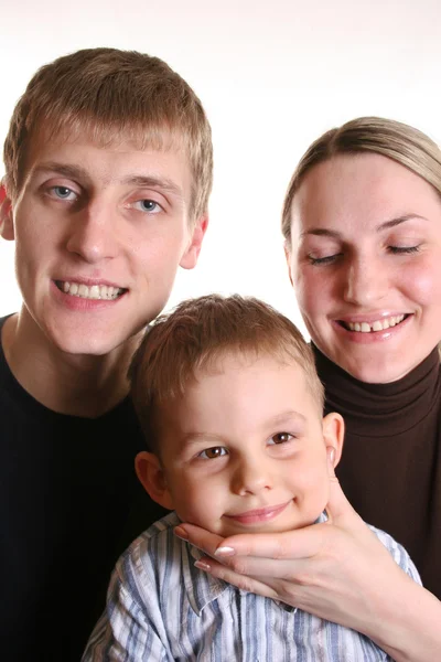 Familia con chico tratar de hacer una foto — Foto de Stock