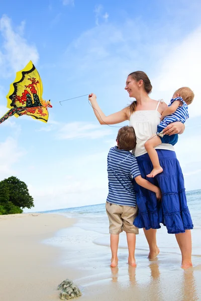 热带海滩上家庭飞行风筝 — 图库照片