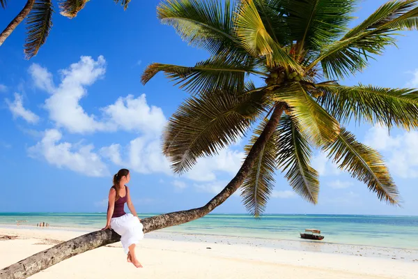 Молодая женщина сидит на пальме — стоковое фото