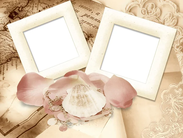 Vintage background with frames and shells — Stock Photo, Image