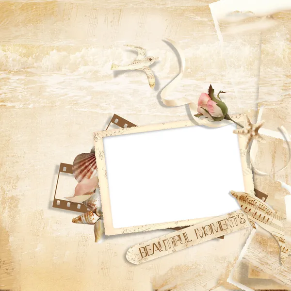 Vintage background with frames and shells — Stock Photo, Image