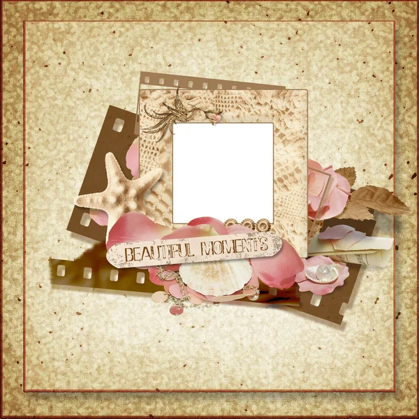 Vintage frame with rose petals and seashells — Stock Photo, Image