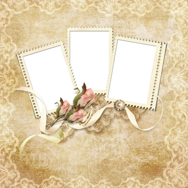 Cartão vintage para o feriado com moldura e rosa — Fotografia de Stock