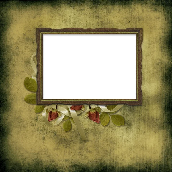 Old frame over grunge wallpaper and roses — Stock Photo, Image