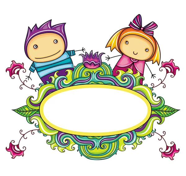Floral frame met schattige jongen en meisje — Stockvector