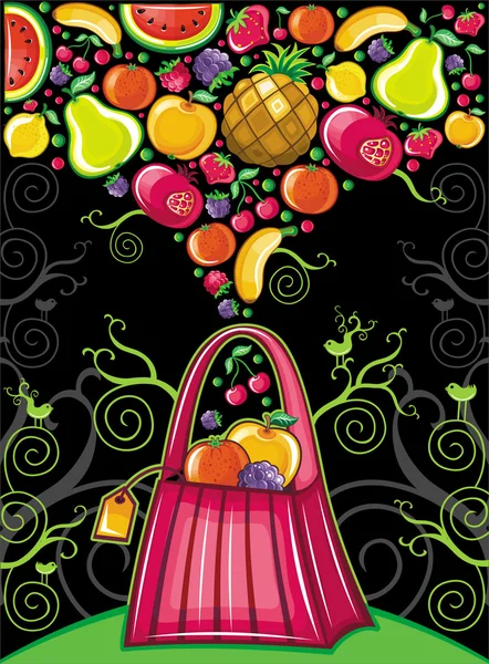 Meyve sıçrama ile alışveriş çantası — Stok Vektör