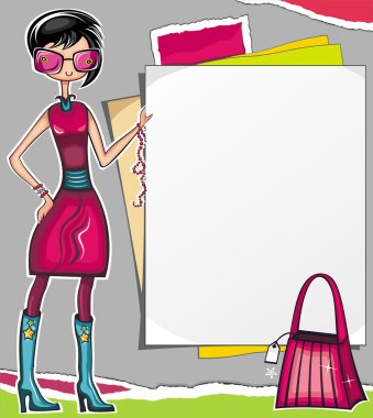 Shopping girl showing paper banner clipart