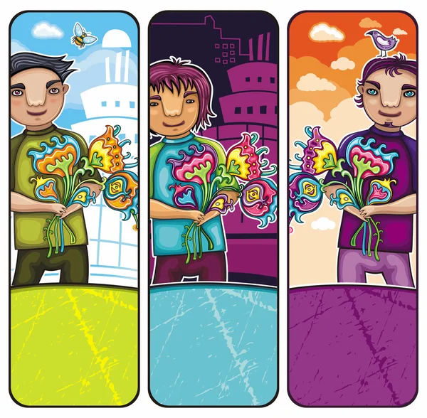 Jongens met bloemen banners — Stockvector