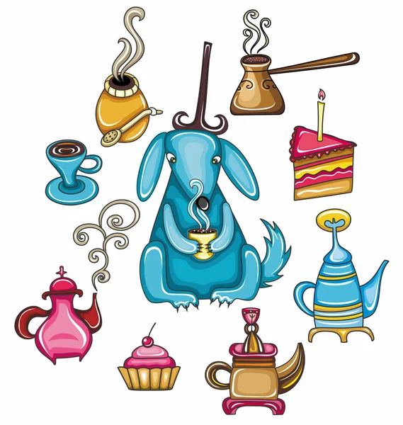 Café, maté, thé, ensemble avec chien mignon — Image vectorielle