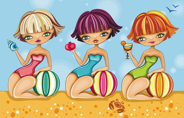 Χαριτωμένα κορίτσια στην παραλία — Διανυσματικό Αρχείο