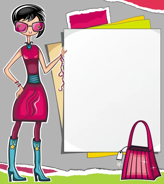 Chica de compras mostrando banner de papel — Archivo Imágenes Vectoriales