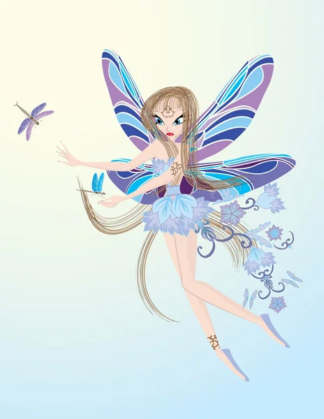 Little fairy playing with dragnofly — Stock Vector
